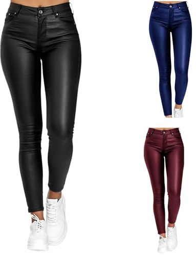 Dambyxor I Konstläder Med Smal Passform Och Hög Midja, Vardagsbyxor Med Skinny Passform Med Wetlook, Formande Rumpa, Push-up, Sportträning, Höftbyxor Med PU-läderlook(Noir,M)
