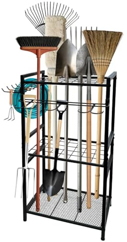 Garden Tool Storage Rack, 35 Slots Garden Tool Organizer with Hooks, Shed Storage Organiser for Long Handle Tools, Garage Rack with Adjustable Feet, Indoor Outdoor Shed Storage Solutions, Black