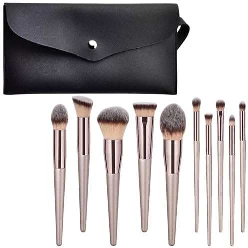 GWEOR 10 Piezas + Bolsa Plegable Brochas de Maquillaje Profesional, Champagne Set Brochas Maquillaje，Suaves y Duraderas Pinceles Maquillaje Para Base, brocha colorete de Ojos Poder Facia