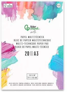 Bloc papel multitecnica liderpapel para acrilico oleo y gouache 20 hojas gramaje 260g/m2. (A3 (297 x 420 mm))