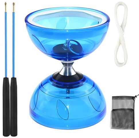 KUWUNG LED Diabolo with Ball Bearings, Luminous Yo Yo Toy, Diabolo Juggling Set with Hand Sticks, Flywheel Circus Tool for Adult Beginners and Professionals (Blue)