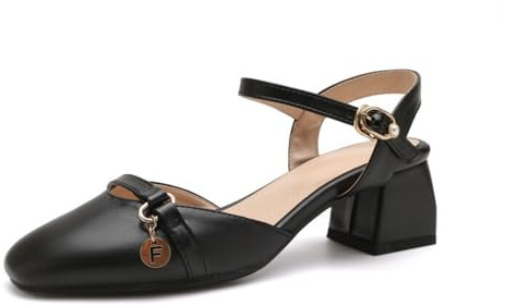 Generico Sandali Estivi Donna Senza Schiena Punta Quadrata Décolleté con Tacco a Blocco Massiccio Fibbia Caviglia Regolabile Decorazione Ciondolo Metallico Scarpe in Similpelle,Nero,37 EU