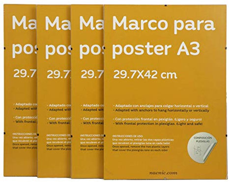 Nacnic - Pack 4 Marcos Clip Transparentes de Vidrio Acrílico sin Bordes | Protección y Expositor de Fotografías, Láminas, Pósters y Decoración para Salón, Dormitorio u Oficina | A3 (29,7x42 cm)