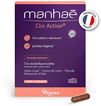 Manhaé - Circ Action - Complément Alimentaire Circulation, Jambes légères et Drainage - Vigne Rouge, Queue de cerise, Piloselle, Cassis, Bioflavonoïdes - 30 gélules - 1 mois - Fabriqué en France