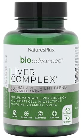 NaturesPlus Bio Advanced Liver Complex - Liver Supplement with Turmeric, Artichoke, Milk Thistle, Dandelion, Choline, Methyl B12, Folate, VIT C - Gluten, Dairy, Soy Free - Vegan, 60 Capsules