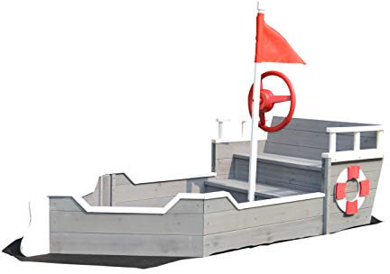 Rijoka Sandkasten aus Holz Boot – Inkl. Bodenplane – Sitzbank mit Ablagefach – Schiff Spielplatz Ausrüstung - 1950 x 940 x 1355mm