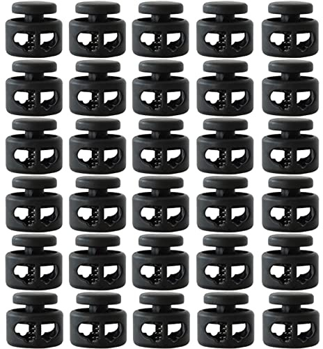 J.CARP 30Pcs Black Plastic Heavy Duty Cord Locks, Double Hole Drawstring Stopper Fastener for No Tie Shoelaces, Hoodies, Pants Closures and More