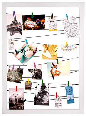 BigDean Fotohalter weiß 75x55 cm mit 20 Holz Klammern und Leine - Pinnwand für Fotos – Bilderrahmen groß Galerie für an die Wand