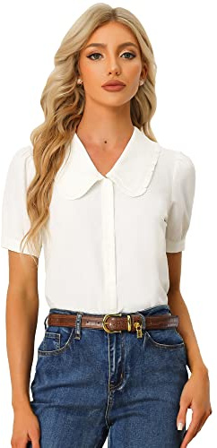 Allegra K Women's Peter Pan Collar Shirt Puff Short Sleeve Retro Vintage Button Down Shirts X-Large Cream White