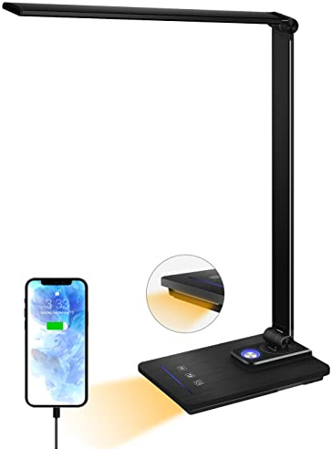 oxylops lámpara Led Escritorio, Flexo de Escritorio con luz nocturna, lampara de escritorio con control táctil, Puerto de carga USB, 10 niveles de luminosidad 5 modos (Negro)