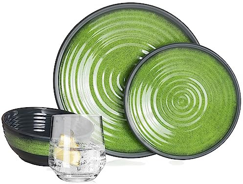 Vaisselle de camping en mélamine pour 4 personnes Vert pierre + 4 verres Milano