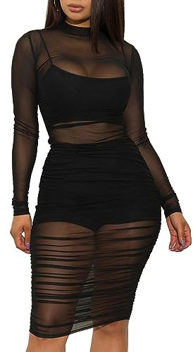 XIVISTO Mini Vestido Mujer Sexy Vestidos Transparentes con Manga Larga y Cuello Alto Bodycon Ajustado de Tul para Fiesta Bar Noche 3 Piezas