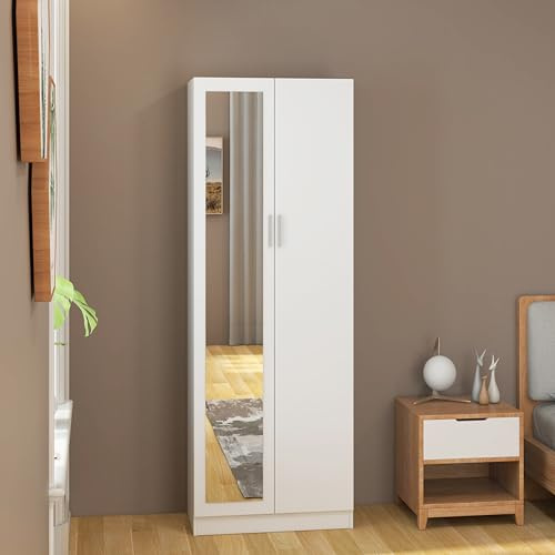 Panana 2 Door Mirrored Wardrobe with Hanging Rail Wooden Clothes Storage Cupboards Unit for Bedroom Furniture 72 x 47 x 170 cm (White)