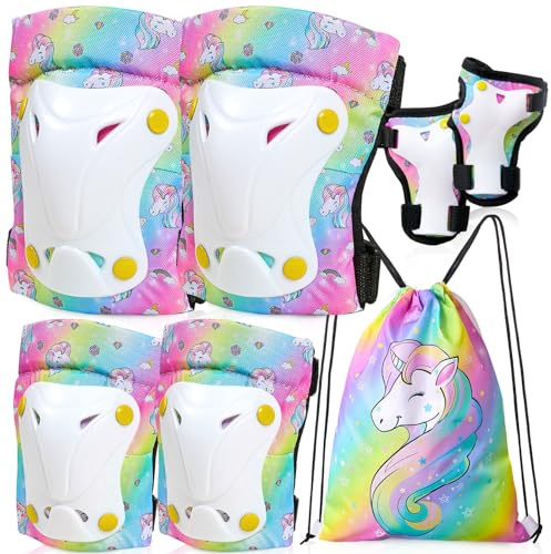 Unicorn Castle Einhorn-Knie- und Ellbogenschützer für Kinder und Mädchen, 6-in-1, verstellbare Schutzausrüstung, Set mit Kordelzug, 3–8 Jahre
