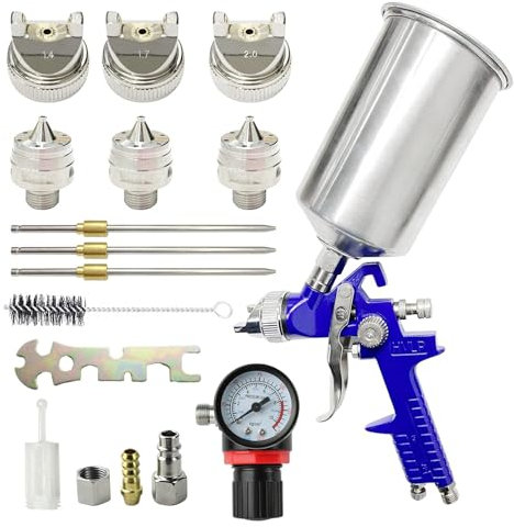 Awsuc HVLP Pistolet à Peinture avec 1000cc Aluminum Cup et 3 Buses 1.4mm 1.7mm 2.0mm, Pistolet à Pulvérisation à Alimentation par Gravité avec régulateur d'air pour Voiture,Mur,Meubles,Clôture (Bleu)