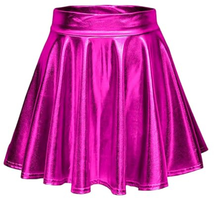 Aurasky Falda Metálica Rojo Rosa, Metálico Brillante Minifalda, Faldas Mujer Elástica Plisada, Patinador Acampanada para Carnaval Fiesta Cosplay