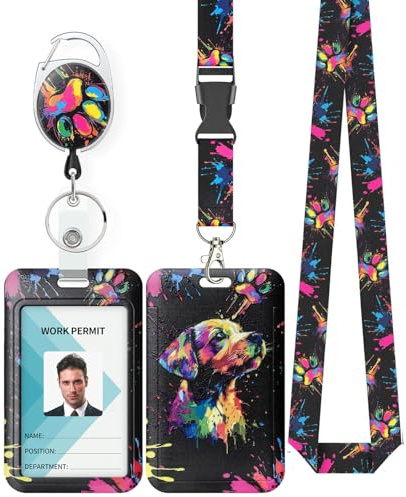 Uniclife Porta Tarjetas Identificativas Deslizante a la Moda Funda de Plástico Perro con Llavero Retráctil y Correa de Cordón Desmontable Protector de Tarjetas Vertical en Relieve para Trabajador