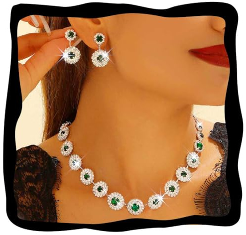 Fashband Crystal Bridal Wedding Jewelry Set Sparkly Necklace Earrings Prom Costume Jewelry for Women (Green, One Size)