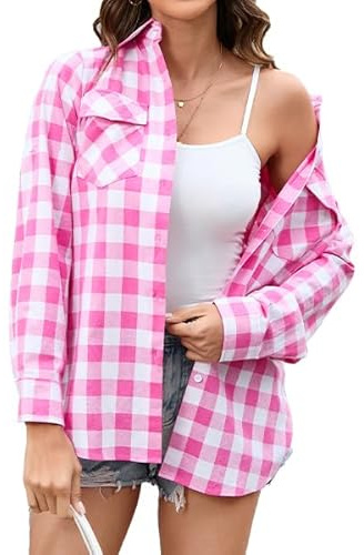 Stamain Women's Pink Checked Shirt Long Sleeve Casual Ladies Plaid Top Button Down Fitted Check Shirt for Women UK Lumberjack Blouse Top Roll Up with Pockets M
