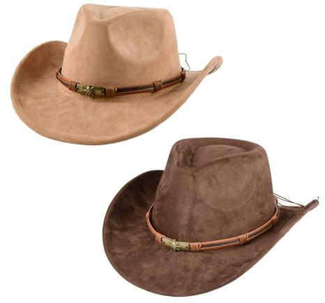 YASHIIN Cowboyhut für Männer und Frauen mit breiter Krempe im Freien Wildleder Hut 2er Pack Klassische Kaffeefarbe Weich Bequem Verstellbare Größe mit Metall Schädel Geflochtenes Band