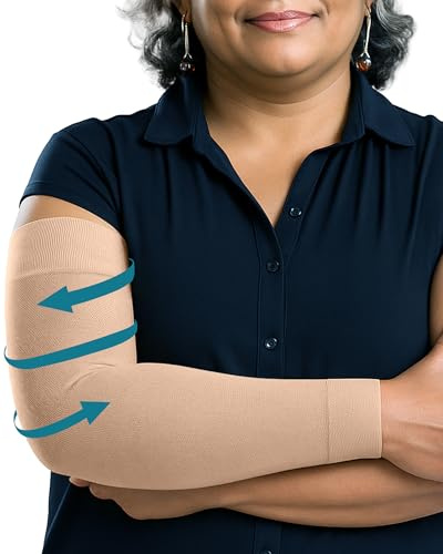 KEMFORD Lymphedema Compression Arm Sleeves for Women - 15-20 mmHg, With Silicone Grip, 1 Pair, Beige, L - Arm Support for Swelling & Edema