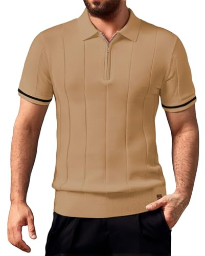 Maglioni da uomo a maniche corte con collo a polo con cerniera a quarto lavorato a maglia da golf casual maglioni casual estivi leggeri, Oro, XL