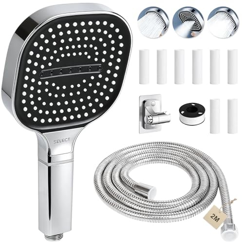 FALSKT Soffione Doccia Anticalcare con Tubo 2M, 3 Modalità, Pannello Grande 130mm, doccino per doccia Soffione doccia Alta Pressione Doccetta Grande Risparmio Idrico,8 Filtro Doccia,1Supporto(Argento)