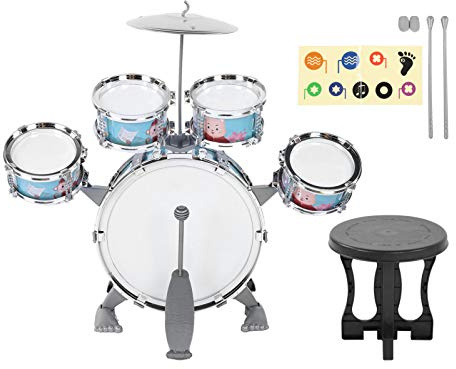 CHICIRIS Juego de Batería para Niños, Kit Compacto de Batería de Dibujos Animados con 5 Tambores, Juguete Musical de Educación Temprana para Niños y Niñas de 1 a 6 Años (Blue)