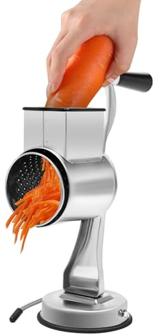 OUKANING Rostfritt stål manuell grönsaksrivare med sugfot och 5 växelblad, roterande rivjärn för grönsaker, nötter, halksäker, innehåller skärskivor, för pennor, skivor, rivjärn