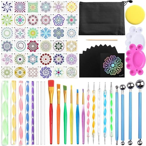 BARAKYEG Herramientas de Pintura de Mandala 74 piezas Kit de Pintura Mandala Dotting Tools Kitscon Plantilla Mandala,Varillas Acrílicas yDoble Cara Dotting Herramientas para Pintura Rocks,arte de uñas