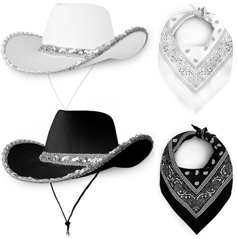 Cowboy Cowgirl Hats Pack of 2 Felt Western Unisex (1 Black and 1 White Sequin Hats and Matching Bandanas) Texas Texan Costume Accessories for Women, Men, Adults Wild West Fancy Dress Party Cow Girl