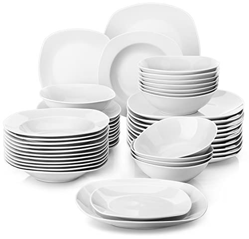 MALACASA Vajillas Completas Modernas Porcelana, 48 Piezas para 12 Personas con 12 Platos Llanos, 12 Platos de Postre, 12 Cuencos y 12 Platos Hondos, Blanco, Serie ELISA