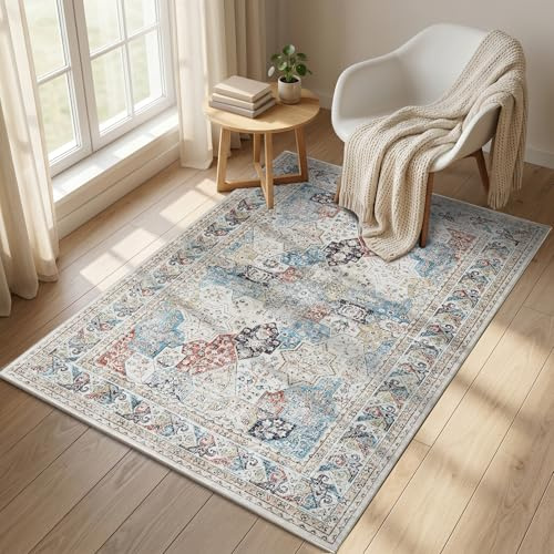 Aspire Homeware Vintage Washable Rugs Living Room 80x150 cm Runner Rug | Traditional Modern Carpet Non-Slip Low Pile Rugs for Bedroom, Entryway, Kids Room, Office, Oeko Tex Certified, Coastal