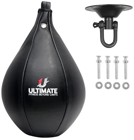 Ultimate Fitness Speedbag Boxsack, Leder, MMA, Muay Thai-Training, Punch, Dodge, Workout, Speedball, Kicken, Schlagball-Set mit hängendem Drehgelenk, Nadel, Schrauben-Set (schwarz)