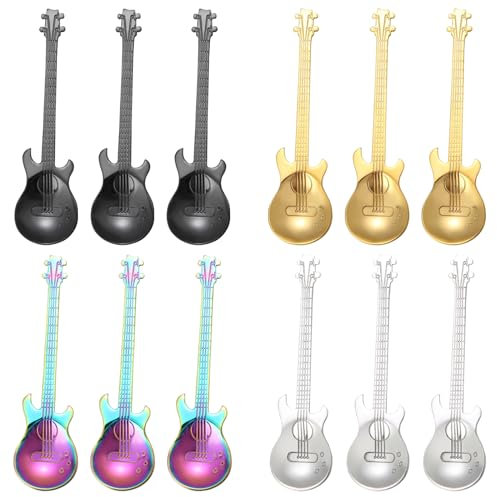 BEWOS 12 Stück mehrfarbige Teelöffel, 12cm Edelstahl hochglanzpoliert Gitarren Löffel, Heavy Metal Geschenk & Gadgets Lustig für Küche, Partys, tolles Geschenke für Gitarristen - Spülmaschinenfest