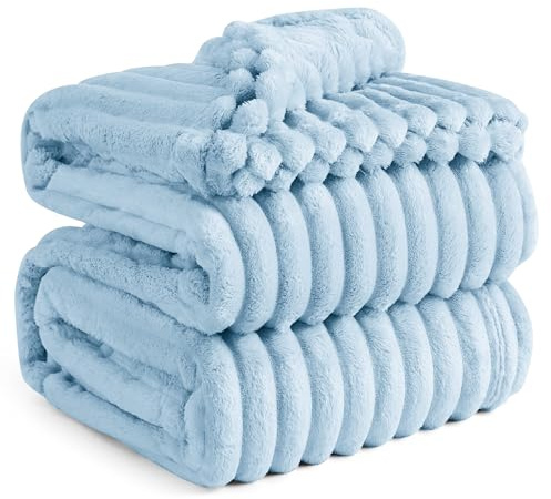 BEDSURE kuscheldecke 220x240 für Zimmer Deko - Tagesdecke, Wolldecke & Fleecedecke, Sofadecke, Weiche Warme Grobe Korddecke für Couch, Geschenke für Frauen, XXL Große Decke, Hellblau, 220 x 240 cm