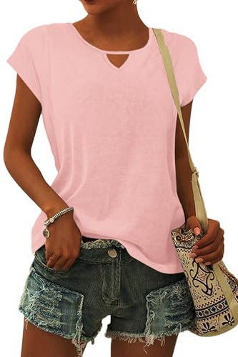 WNEEDU Tee Shirt Femme Col en V Débardeur T Shirt Manches Courtes été Hauts Top Amples Chemises Base Décontracté Rose Clair M