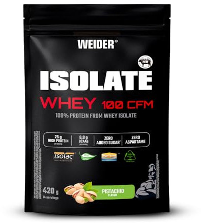 Weider Isolate Whey 100CFM (420g) Sabor Pistacho. 100% Aislado de Proteína de Suero de Leche, 25g Proteína/porción, Con Enzimas, Sin Azúcar Añadido, Sin Aspartamo, Bajo en Grasa