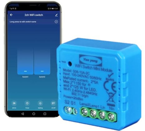 Interruptor WiFi, 2 Gang 2 Vías Smart Timer Switch Funciona en Paralelo con Interruptor de Pared Original, Compatible con Alexa Echo y Google Home, Receptor de Relé 2500W