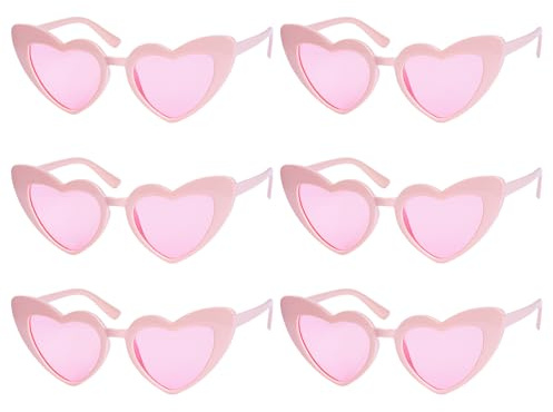 Jmkcoz 6 Pack Women Girls Heart Sunglasses Neon Colors Cat Eye Love Shaped Sunglasses Vintage Cute Sun Glasses for Halloween Cosplay Wedding Party Favor (Pink)