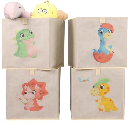 Navaris Aufbewahrungsbox Kinderzimmer - 4er Set - 33 x 33cm Kinder Spielzeug Box Dinosaurier Design - Box Spielzeug Kisten - Baby Ordnungsboxen Aufbewahrungsboxen - Toybox faltbar