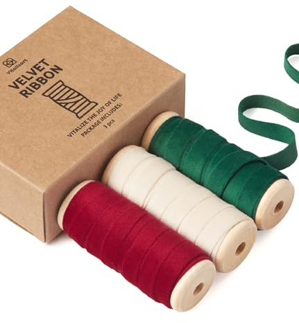 Vitalizart Set de Cinta de Terciopelo de Navidad 0.95 cm x 13.7 m con Carrete de Madera, Cinta de Tela Rojo & Blanco & Verde 3 Rollos*4.57 m para Adornos Navideños, Manualidades y Coronas de Regalo