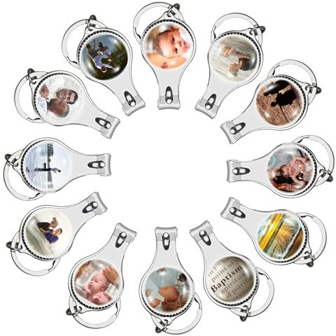 12 PCS Personalized Customizable Color Pictures Baptism Keychains - Custom Nail Clipper and Bottle Opener Key Rings with Organza Gift Bags
