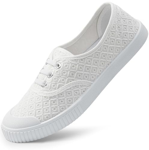 Harvest Land Womens Canvas Shoes Ladies Fashion Trainers Low Top Slip on Sneaker Flower White UK6