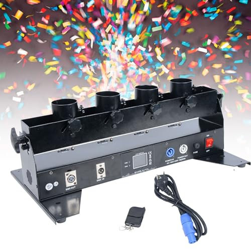 Oiyekntd Máquina de Confeti Profesional, Lanzador de Confeti eléctrico de 4 Cabezales, cañón de Confeti DMX, Efecto de iluminación de Escenario, soplador de Confeti para Bodas, Fiestas, cumpleaños