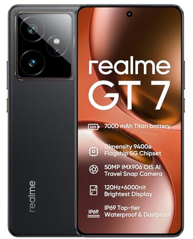realme GT 7 5G Smartphone,Batería 7000mAh,Dimensity 9400‌e,50 MP+50 MP,120Hz 6.78 Pantalla,12GB+512GB Telefono Movil,Dual SIM Android 15,NFC IP69, Sin Cargador,Negro