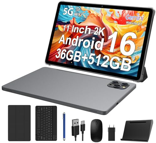 FASTWD Tablet Android 16,36GB+512GB/2TB Tablet 11 Pollici,8000mAh,Octa Core,13MP+8MP,90Hz Netflix 1080P/Widevine L1/5G WiFi/BT5.0/Face ID/OTG/GPS,Tableta con Tastiera,Mouse,Grigio