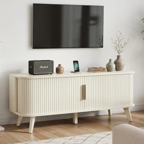 Galano Flutoria Lincoln Wide TV Unit 130cm – Modern Entertainment Cabinet for TVs up to 55” – TV Stand with 2 Doors & Large Storage for Living Room – Parchment