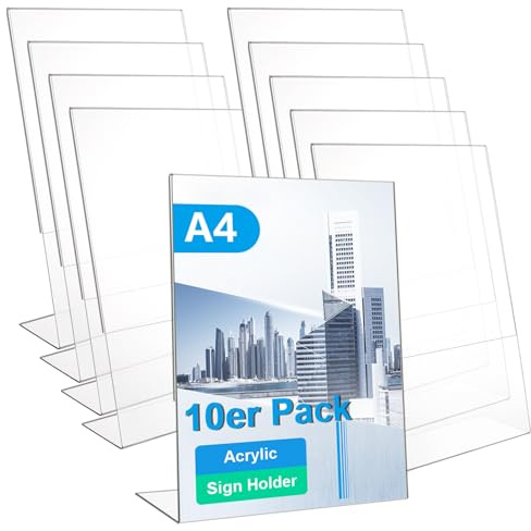CYEER 10 Stück Acryl Tischaufsteller A4 Schräg – L-Aufsteller Din A4 Transparent – Werbeaufsteller & Menükartenhalter für Restaurant, Messe & Büro – Kristallklarer Schilderhalter