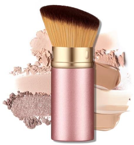 Retractable Kabuki Makeup Brush - All-in-One Travel Foundation, Powder, Blush, Liquid & Cream Face Brush | Portable & Easy to Use for Women & Beginners (Rose Gold)